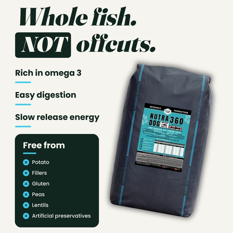 Nutradog 360 whole fish dry dog food bag. Whole fish, not offcuts. Rich in omega 3, easy digestion, slow release energy. Potato free, gluten free, legume free with no peas or lentils, filler free, no artificial preservatives.